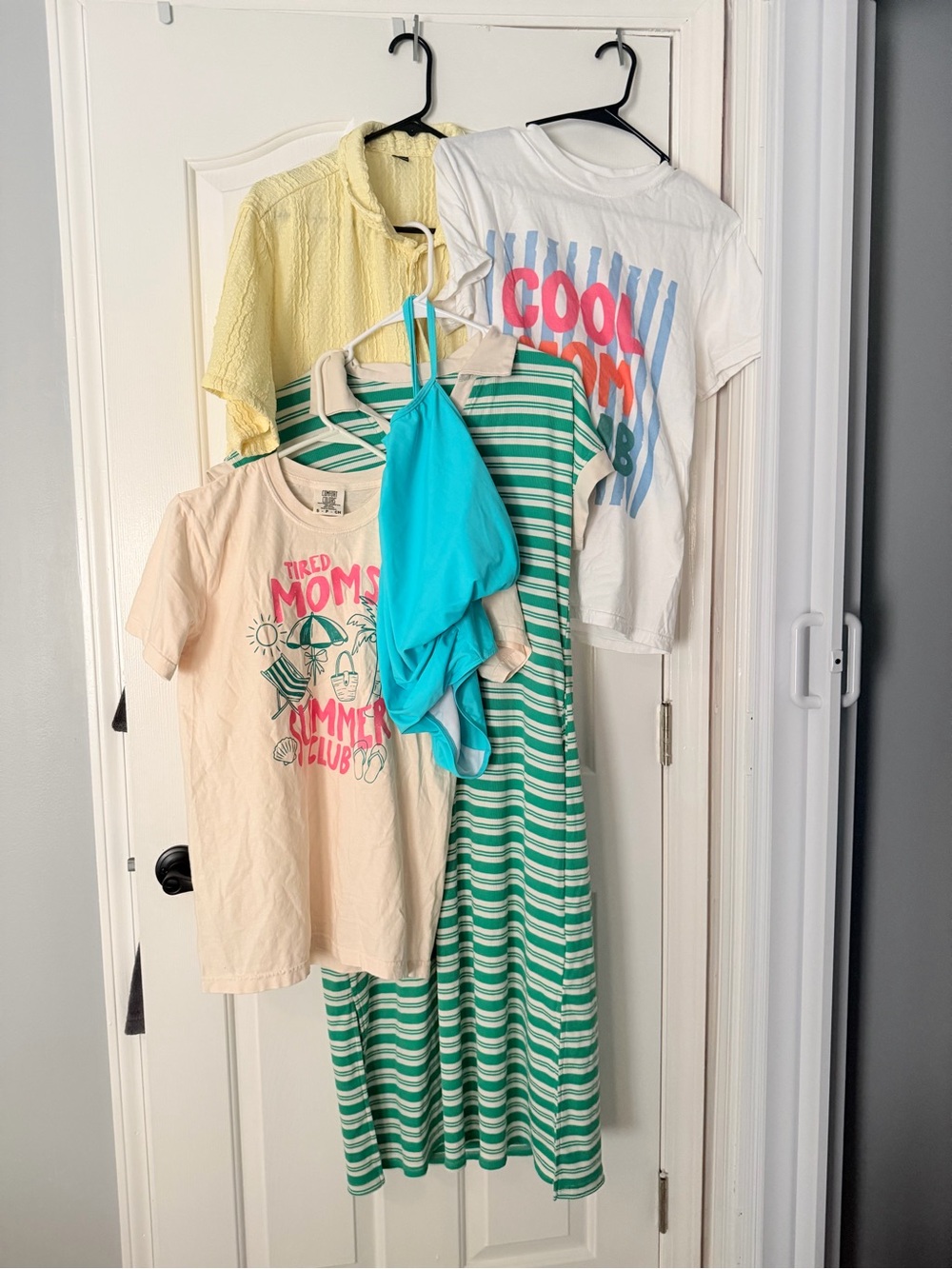 BUNDLE of T-shirts, Green & White Stripe Dress, button up, Aqua bathing suit.